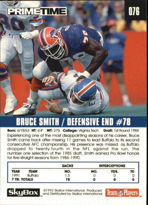 1992 SkyBox Prime Time #76 Bruce Smith back image