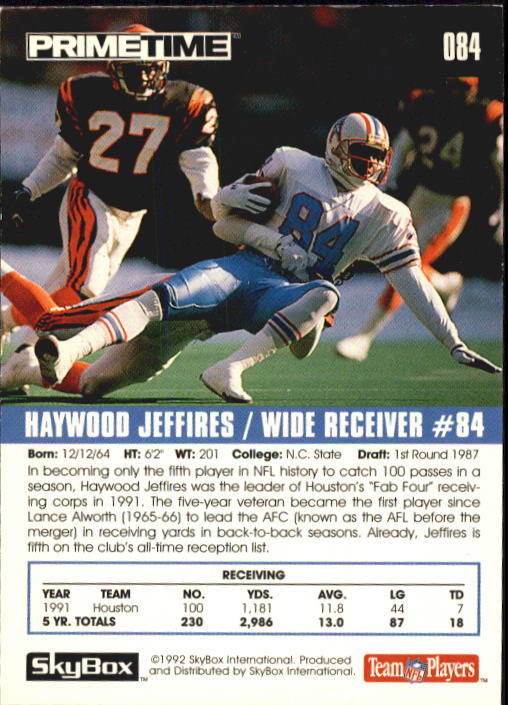 1992 SkyBox Prime Time #84 Haywood Jeffires back image