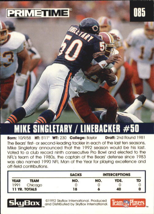 1992 SkyBox Prime Time #85 Mike Singletary back image