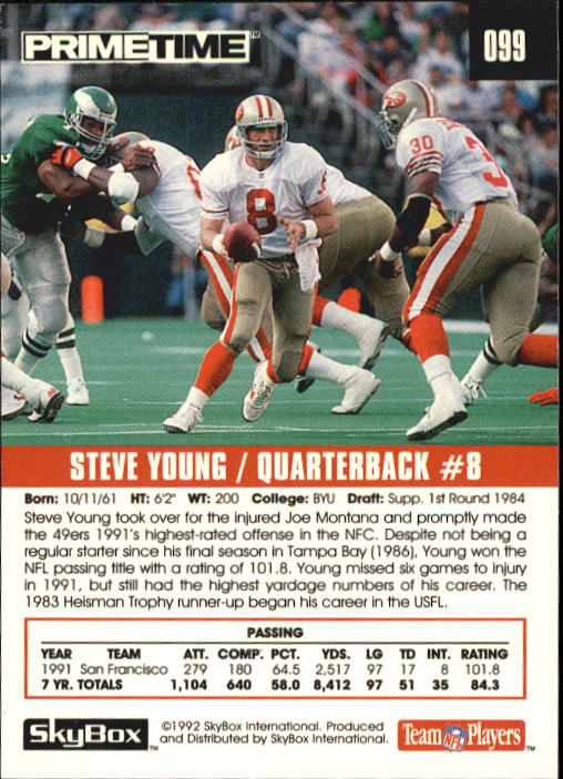 1992 SkyBox Prime Time #99 Steve Young back image