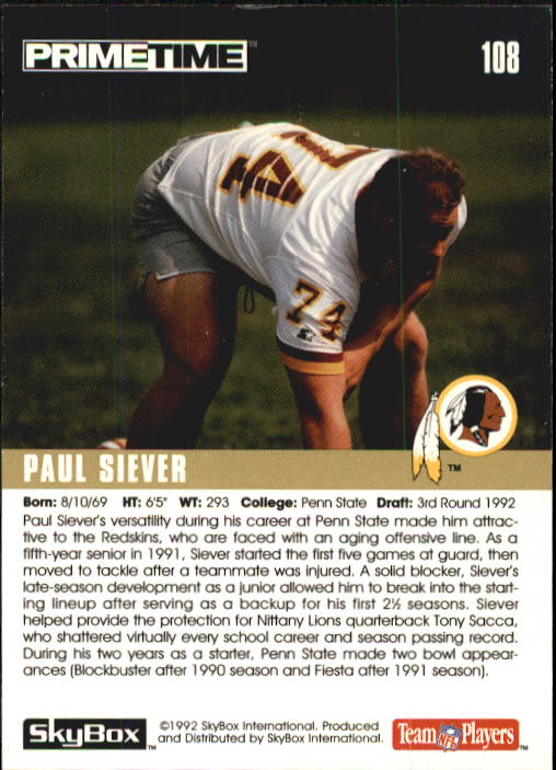 1992 SkyBox Prime Time #108 Paul Siever RC back image