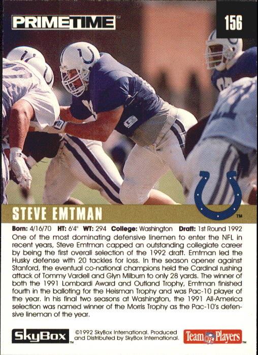 1992 SkyBox Prime Time #156 Steve Emtman RC back image