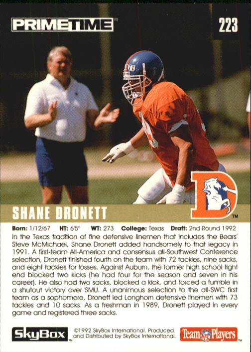 1992 SkyBox Prime Time #223 Shane Dronett RC back image