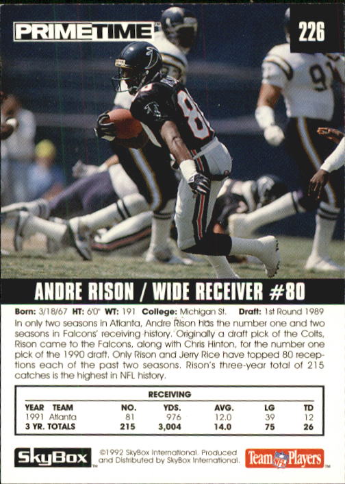 1992 SkyBox Prime Time #226 Andre Rison back image