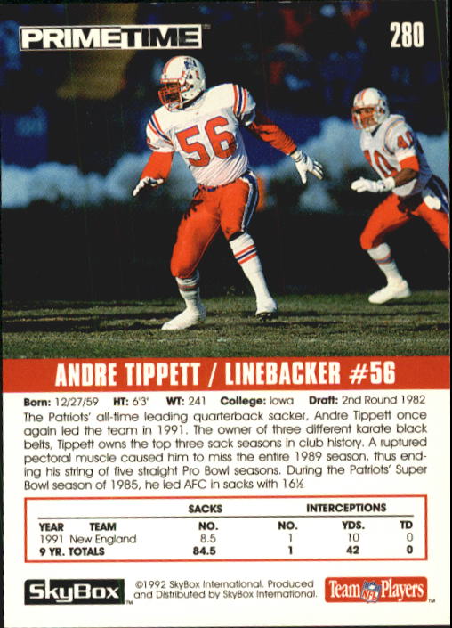 1992 SkyBox Prime Time #280 Andre Tippett back image