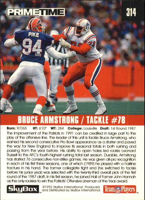 1992 SkyBox Prime Time #314 Bruce Armstrong back image