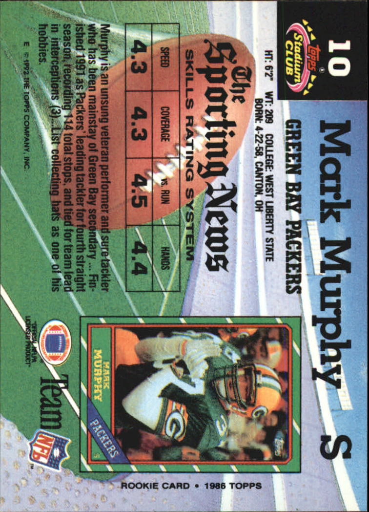 1992 Stadium Club #10 Mark Murphy back image