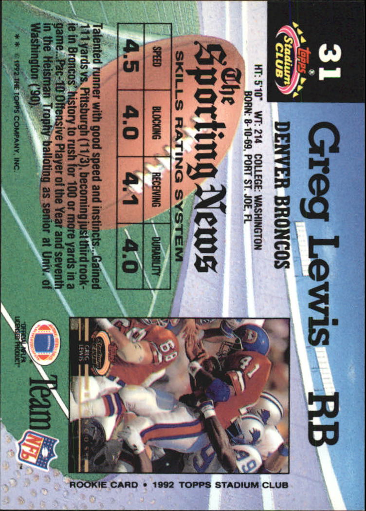 1992 Stadium Club #31 Greg Lewis back image