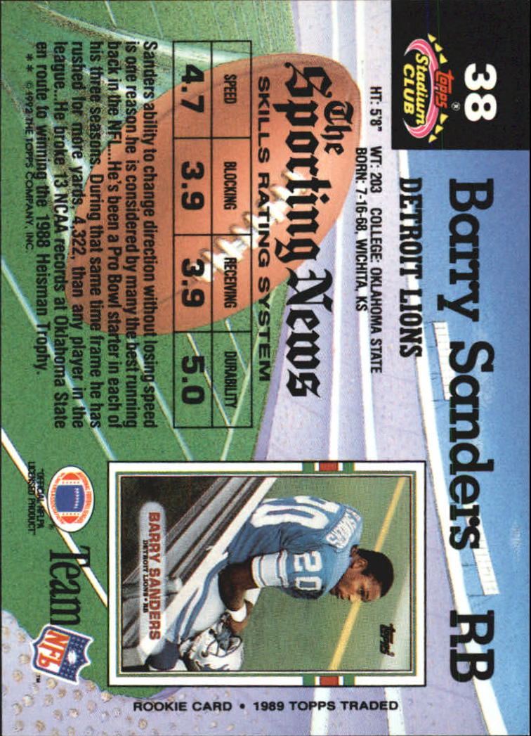 1992 Stadium Club #38 Barry Sanders back image