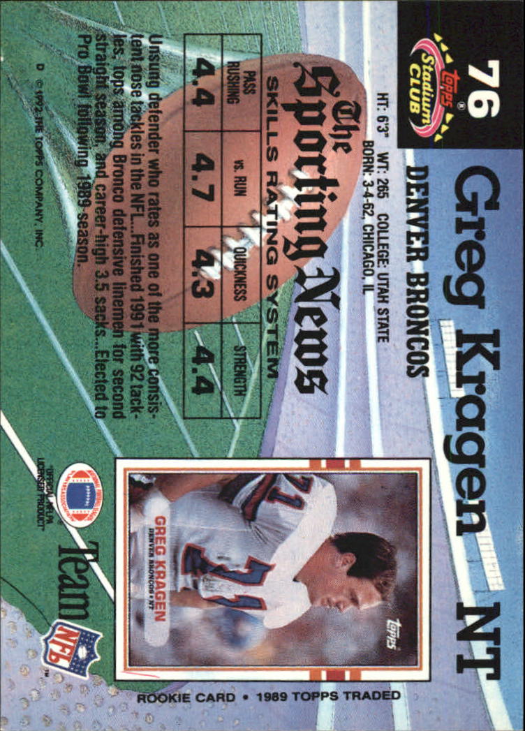 1992 Stadium Club #76 Greg Kragen back image