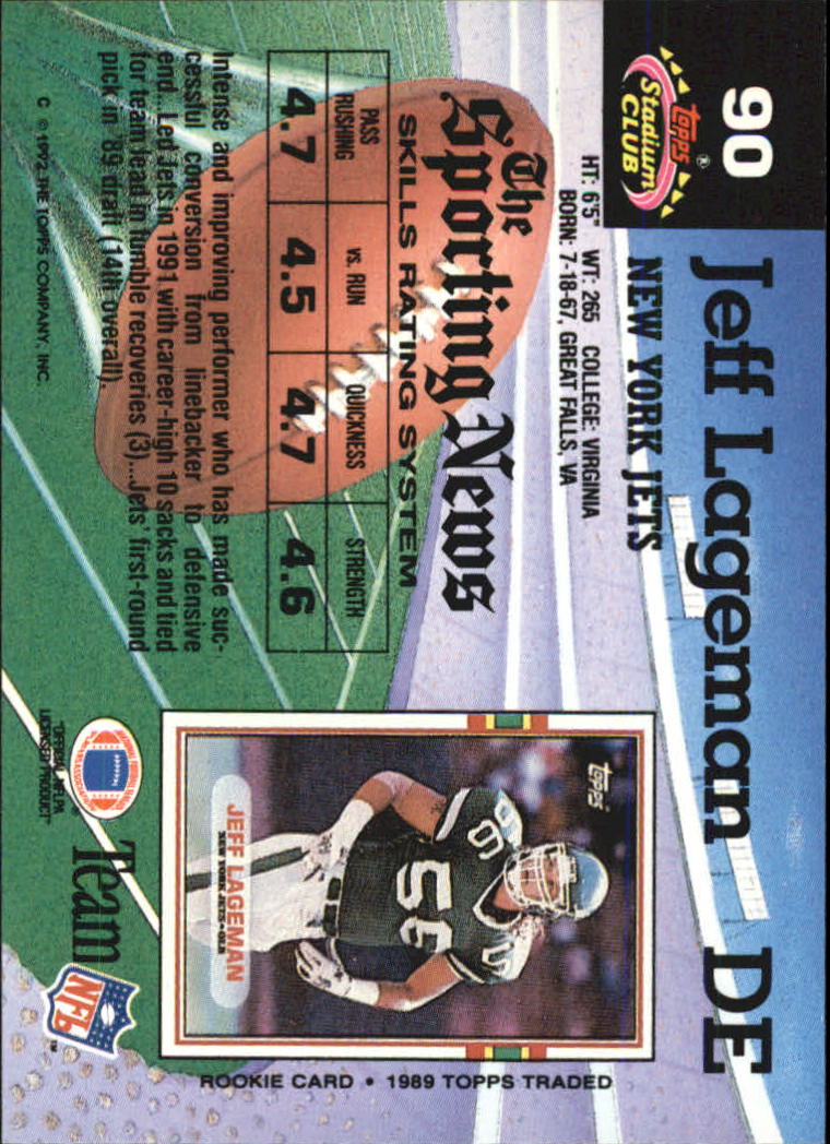 1992 Stadium Club #90 Jeff Lageman back image