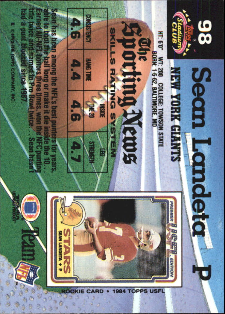 1992 Stadium Club #98 Sean Landeta back image