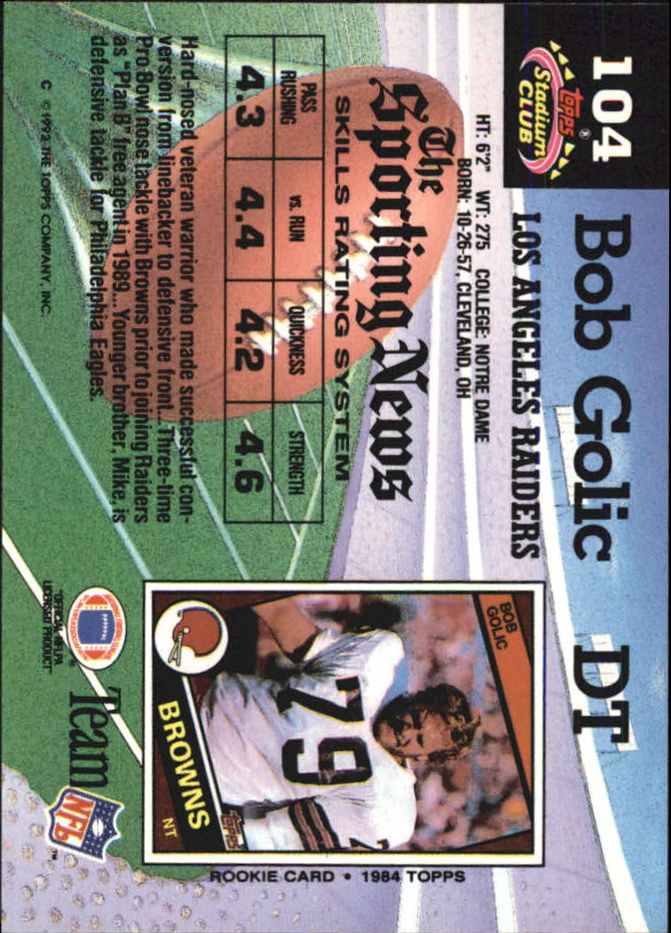 1992 Stadium Club #104 Bob Golic back image