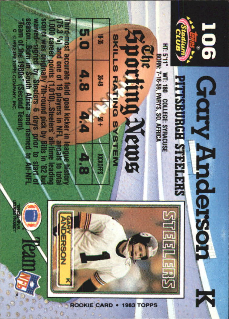1992 Stadium Club #106 Gary Anderson K back image