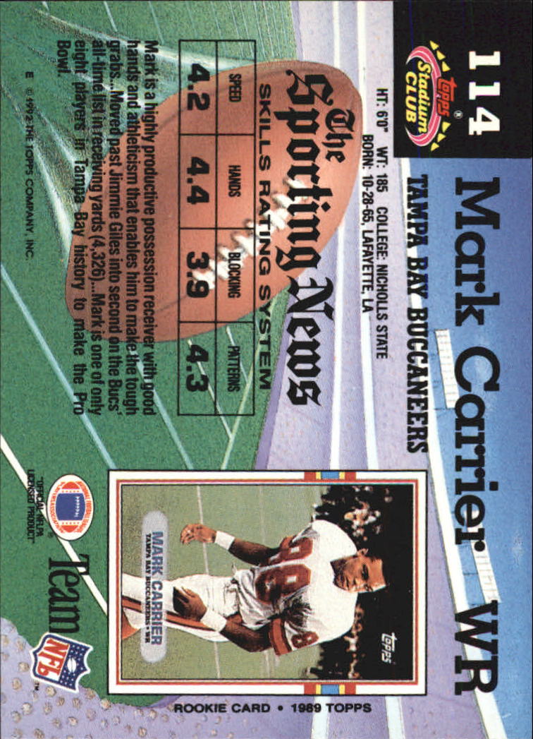 1992 Stadium Club #114 Mark Carrier WR back image
