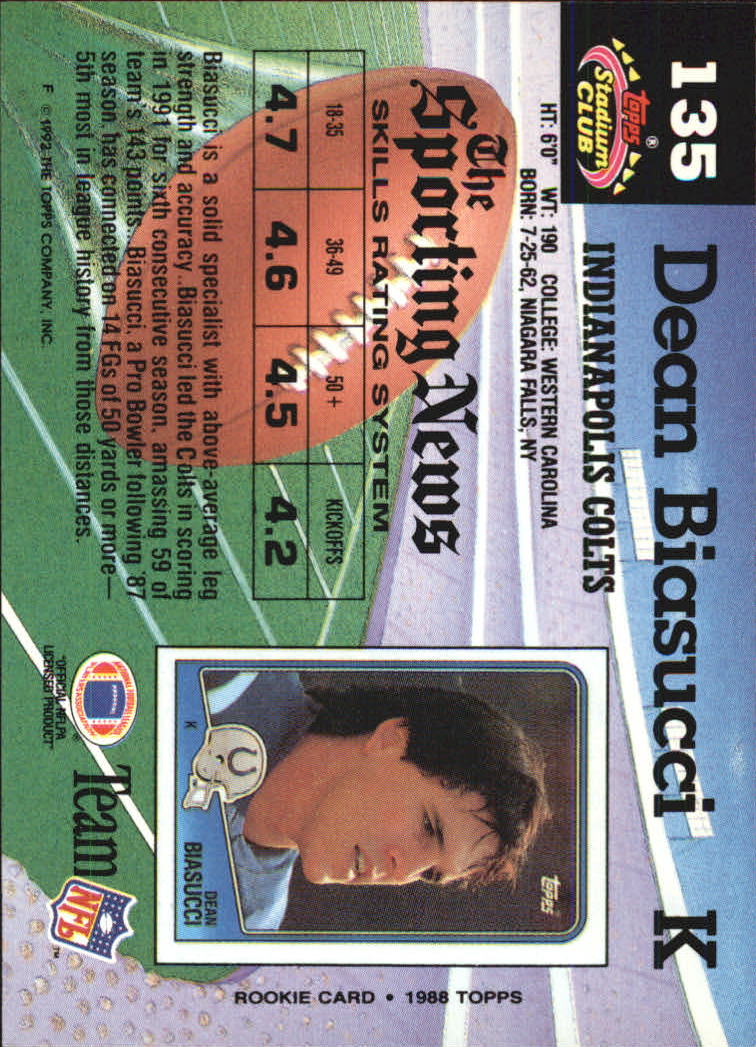 1992 Stadium Club #135 Dean Biasucci back image