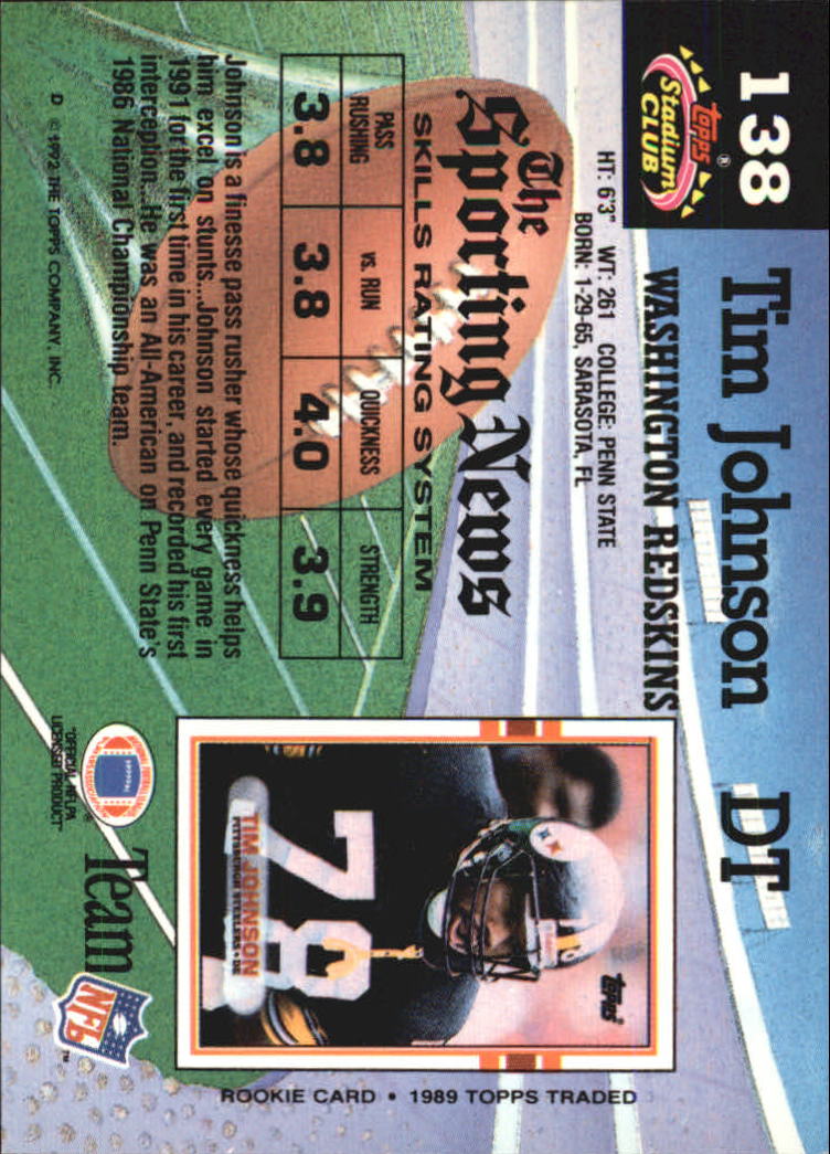 1992 Stadium Club #138 Tim Johnson back image