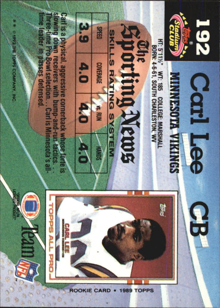 1992 Stadium Club #192 Carl Lee back image