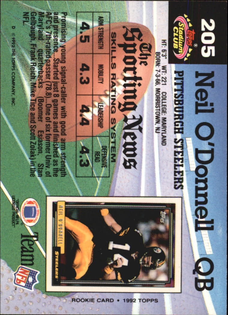 1992 Stadium Club #205 Neil O'Donnell back image