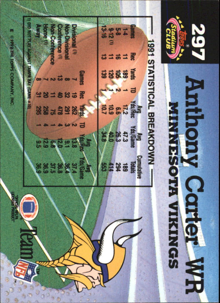 1992 Stadium Club #297 Anthony Carter MC back image