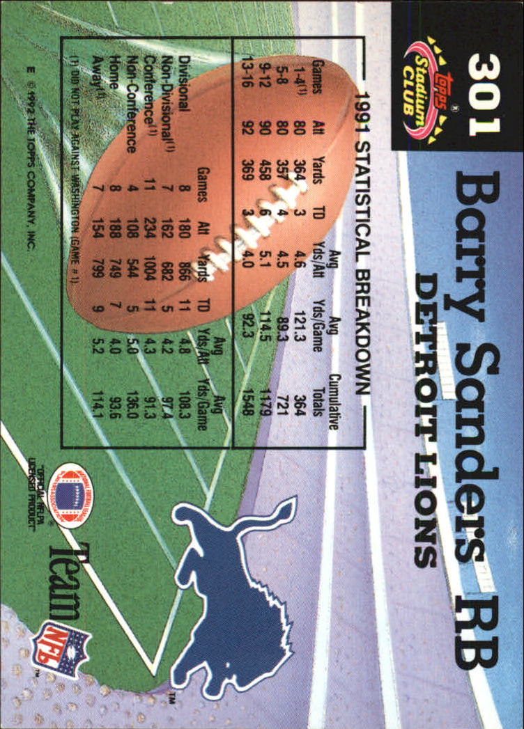 1992 Stadium Club #301 Barry Sanders MC back image