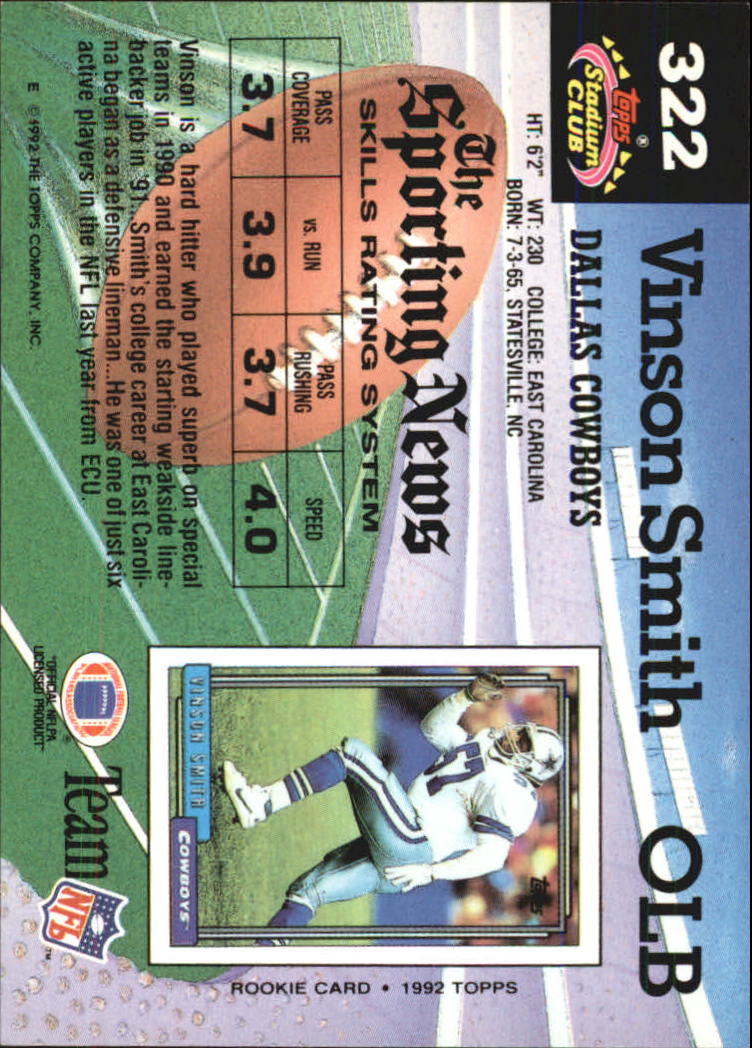 1992 Stadium Club #322 Vinson Smith RC back image
