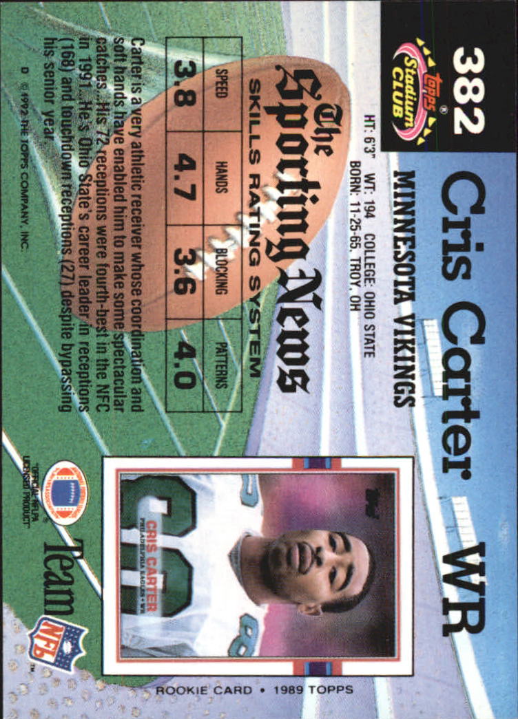 1992 Stadium Club #382 Cris Carter back image