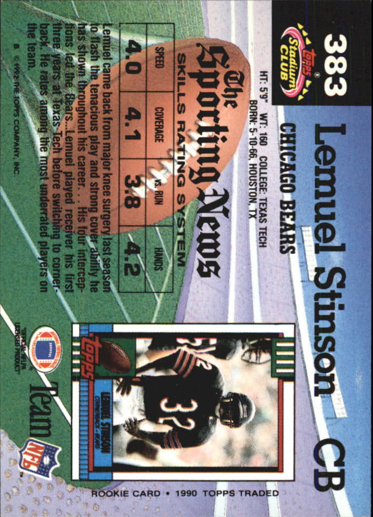 1992 Stadium Club #383 Lemuel Stinson back image