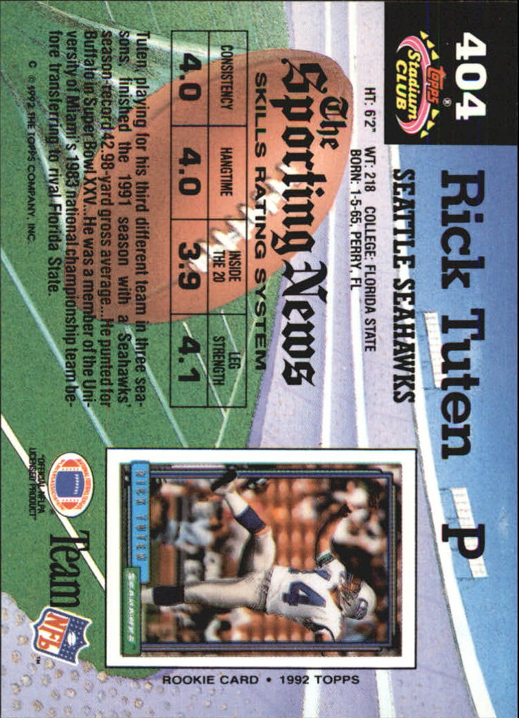 1992 Stadium Club #404 Rick Tuten back image
