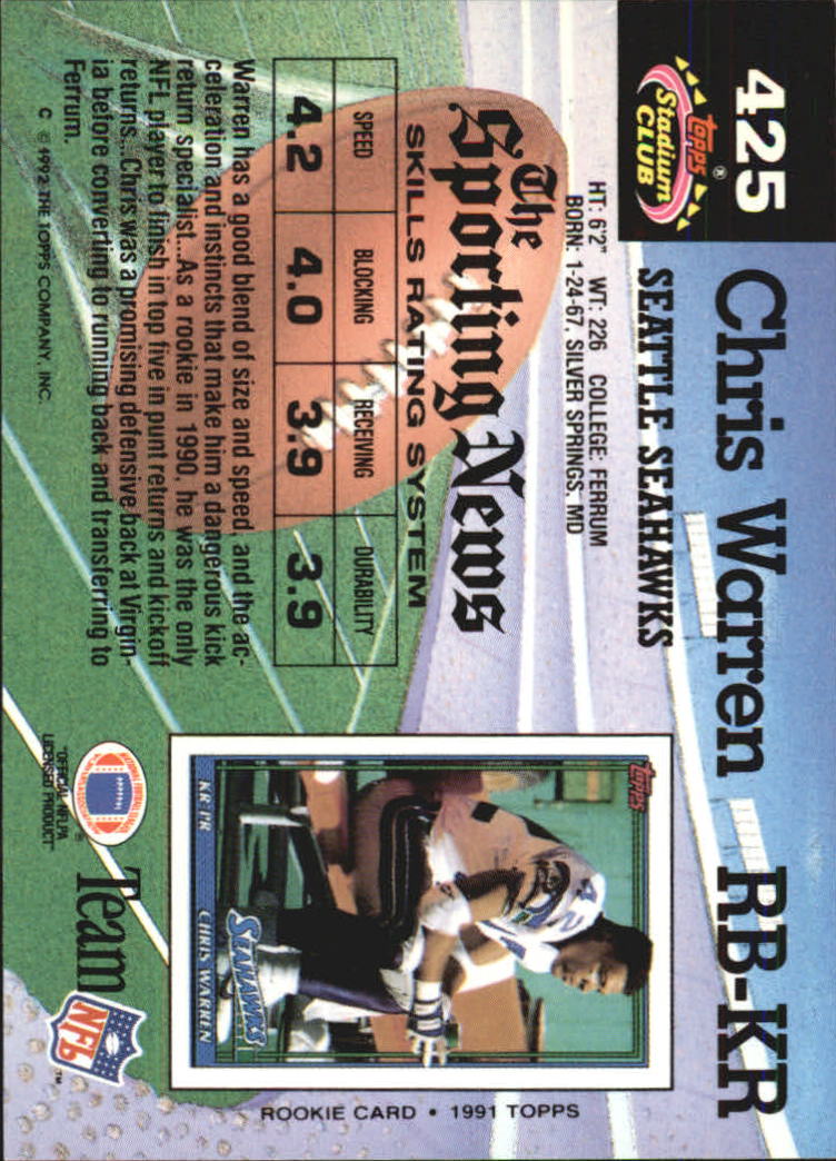 1992 Stadium Club #425 Chris Warren back image