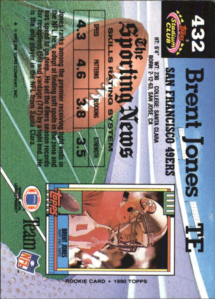 1992 Stadium Club #432 Brent Jones back image