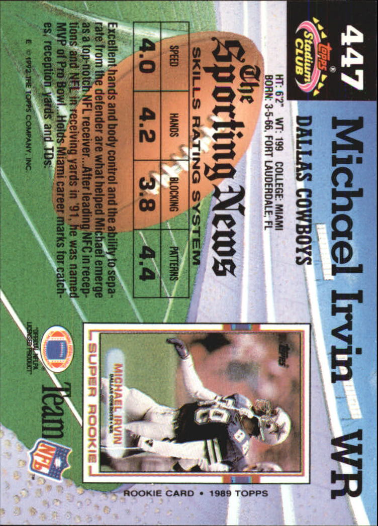 1992 Stadium Club #447 Michael Irvin back image