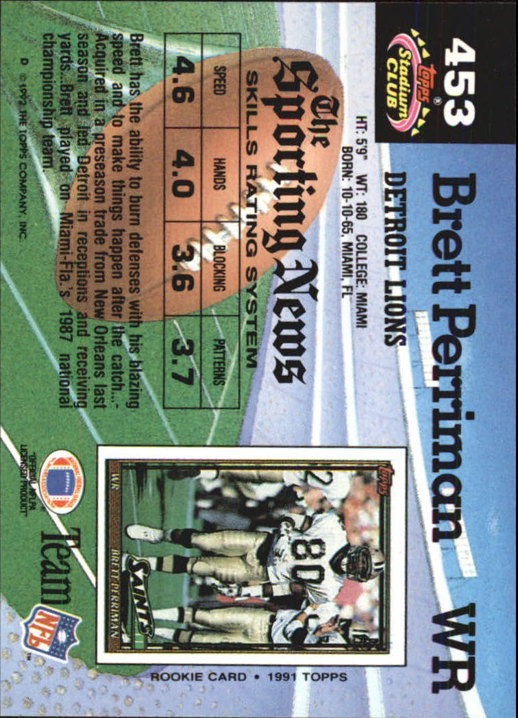 1992 Stadium Club #453 Brett Perriman UER/(Has Paul McJulien/card back; see also 327) back image