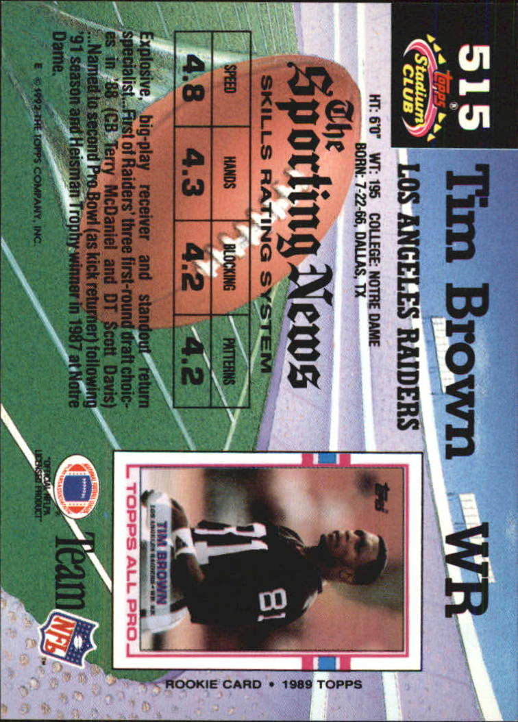 1992 Stadium Club #515 Tim Brown back image