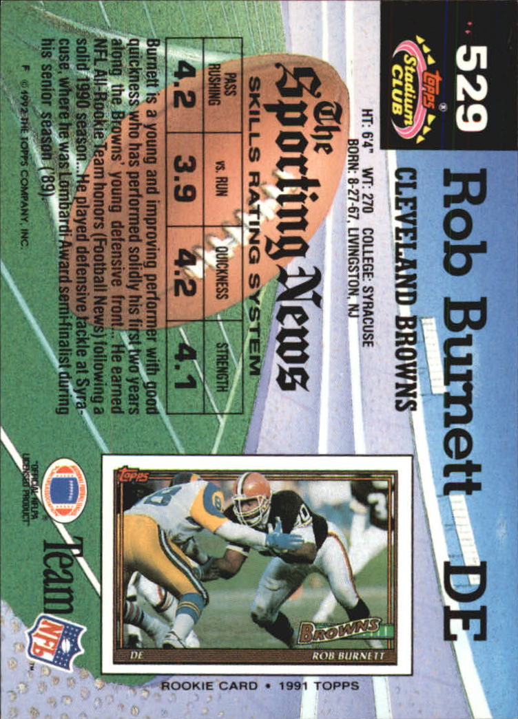 1992 Stadium Club #529 Rob Burnett back image