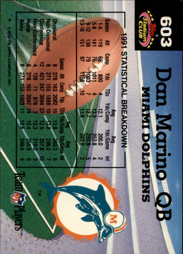1992 Stadium Club #603 Dan Marino MC back image