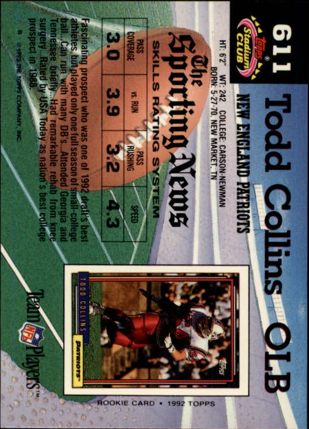 1992 Stadium Club #611 Todd Collins RC back image