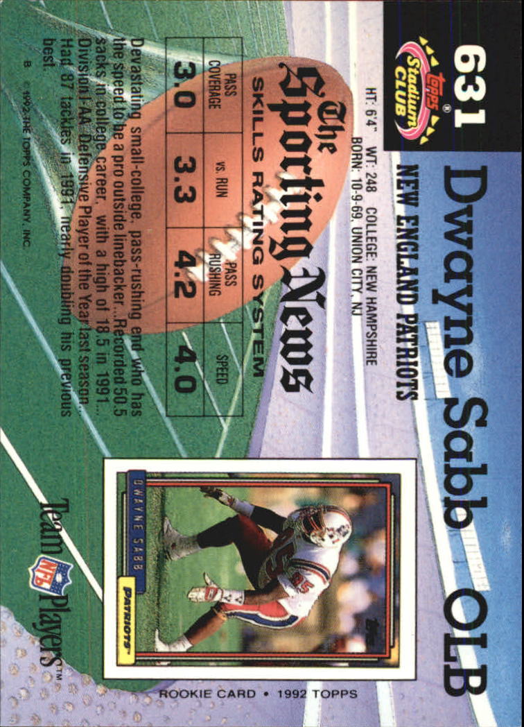1992 Stadium Club #631 Dwayne Sabb RC back image