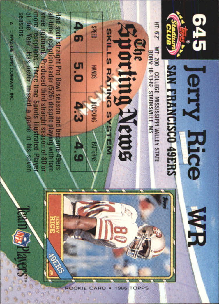 1992 Stadium Club #645 Jerry Rice back image