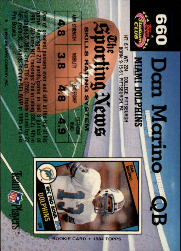 1992 Stadium Club #660 Dan Marino back image