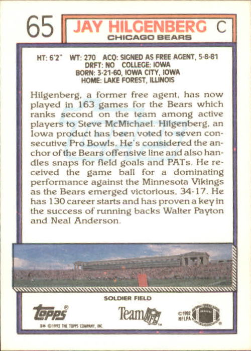 1992 Topps #65 Jay Hilgenberg back image