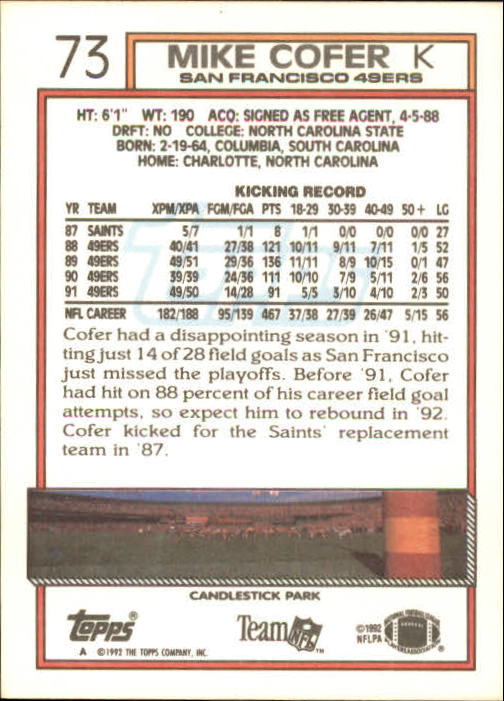 1992 Topps #73 Mike Cofer back image
