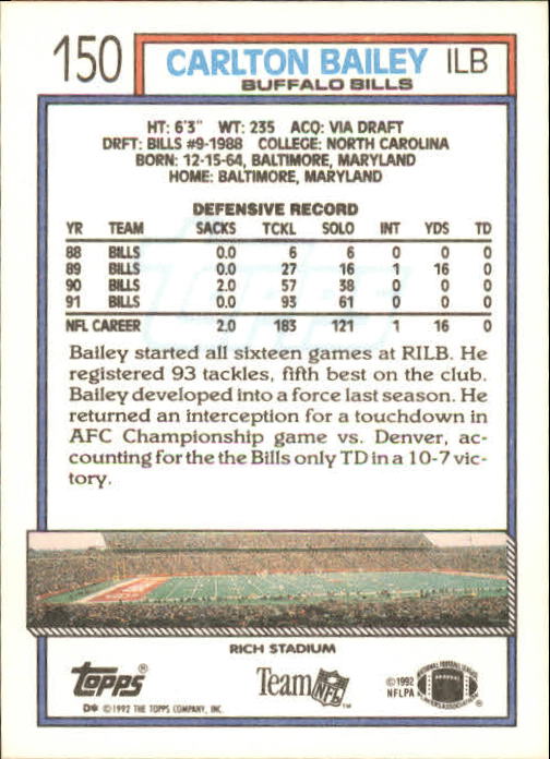 1992 Topps #150 Carlton Bailey RC back image