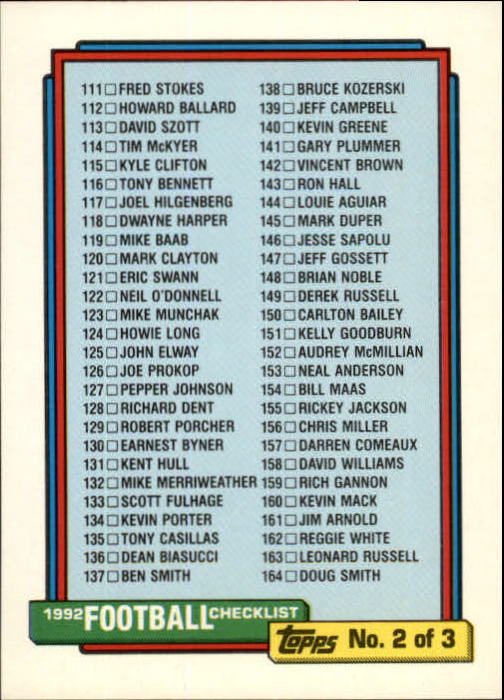 1992 Topps #218 Checklist 111-220 UER/(152 Audray McMillian/misspelled ...