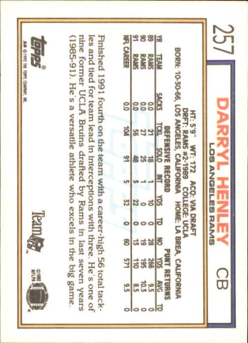 1992 Topps #257 Darryl Henley back image