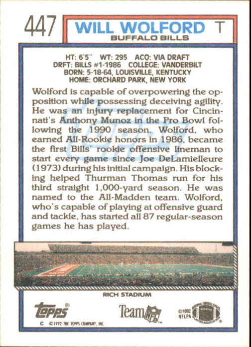 1992 Topps 447 Will Wolford NM MT Ziggy s Eastpointe