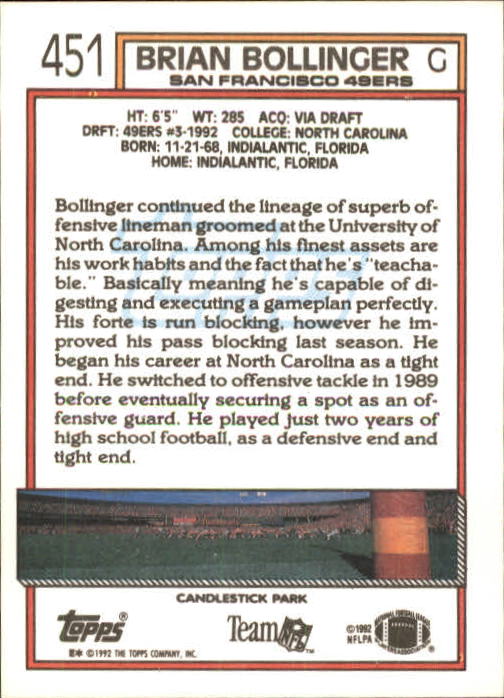 1992 Topps #451 Brian Bollinger RC back image