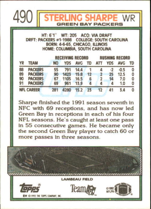 1992 Topps #490 Sterling Sharpe back image