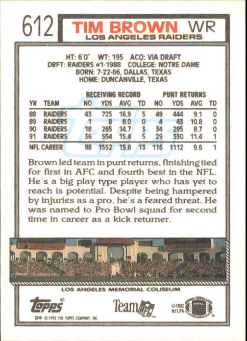 1992 Topps #612 Tim Brown back image