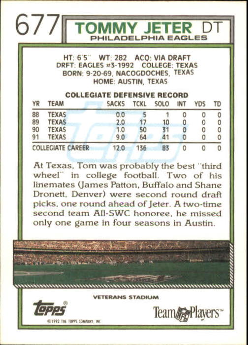 1992 Topps #677 Tommy Jeter RC back image